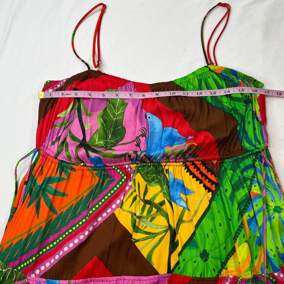 Farm Rio Anthropologie Palila Fringed Midi Sun Dress Beaded Multicolor Satin L - Picture 7 of 14
